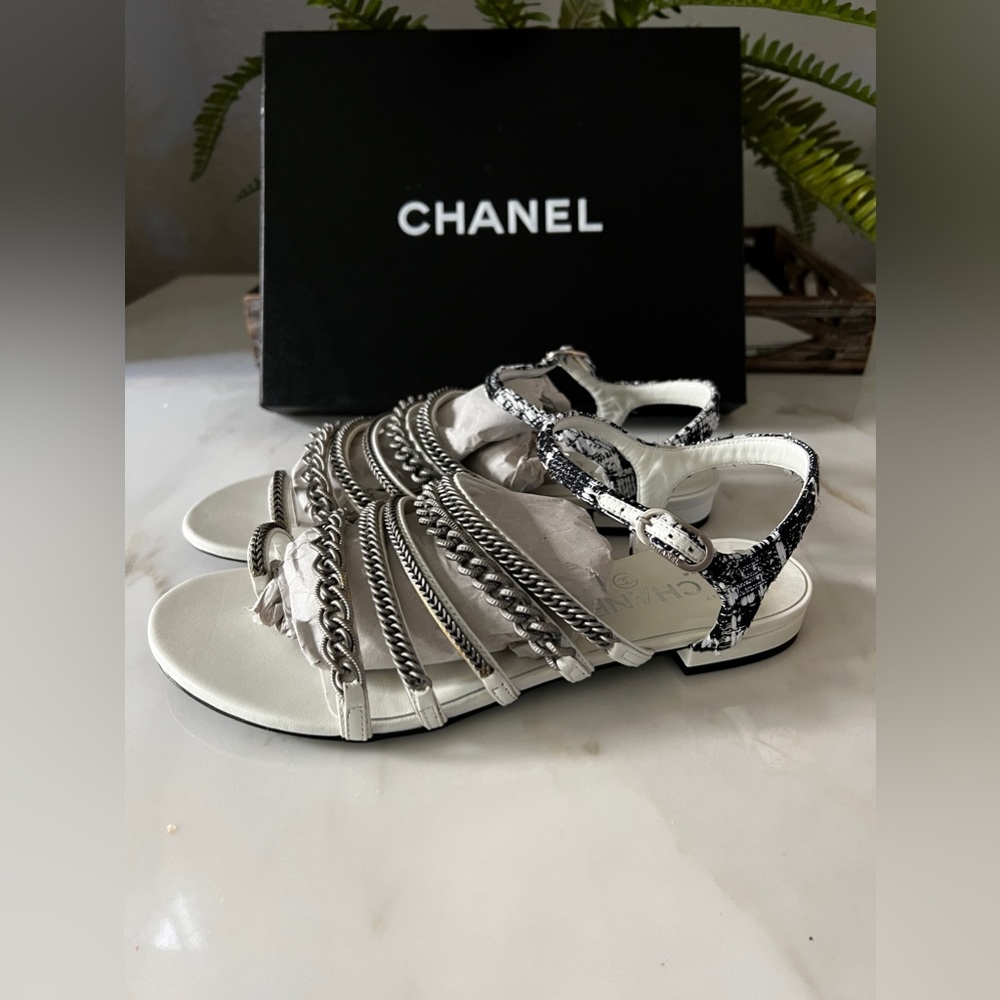 CHANEL 15S 2015 Tweed Chains Strappy Flat Sandals